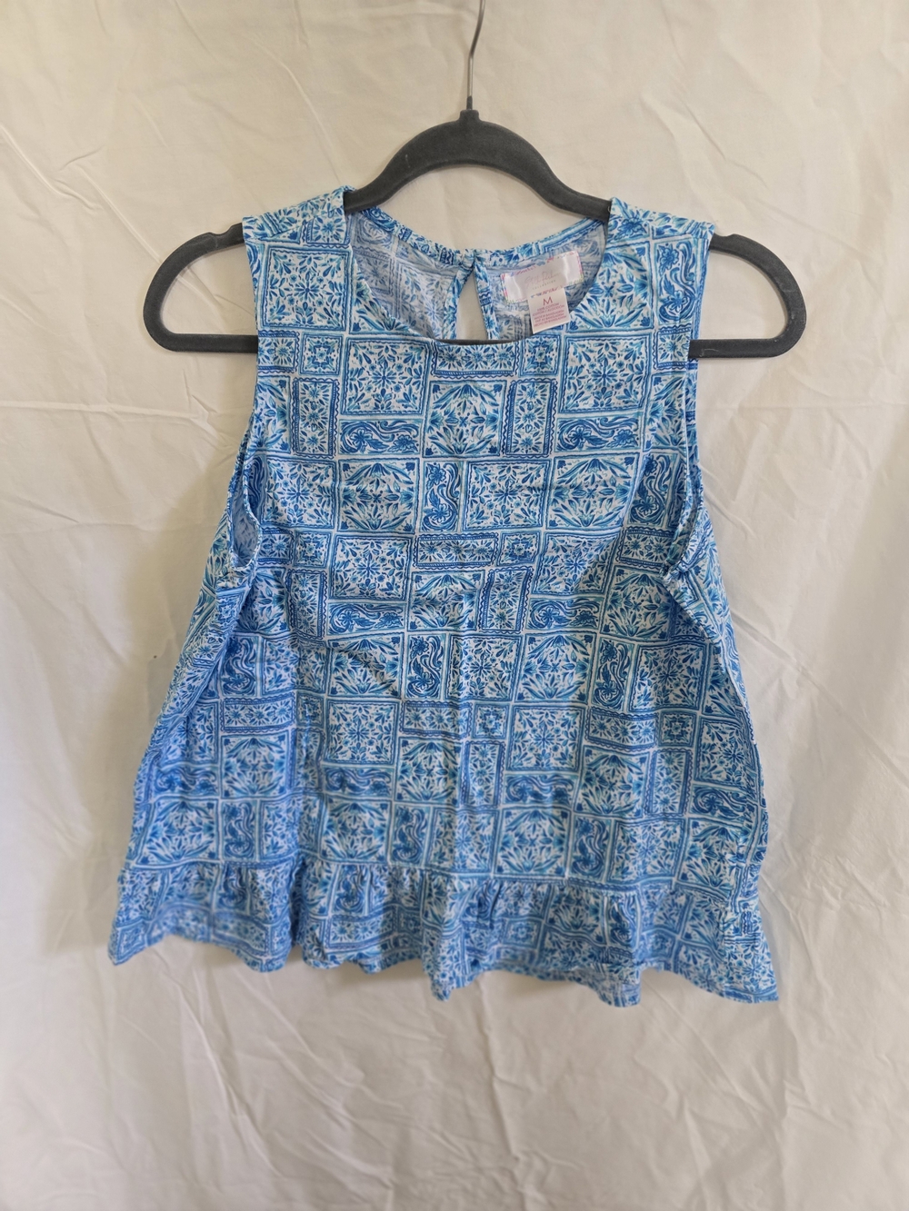 Sleeveless Blue Tile-Print Ruffle Hem Tank Top